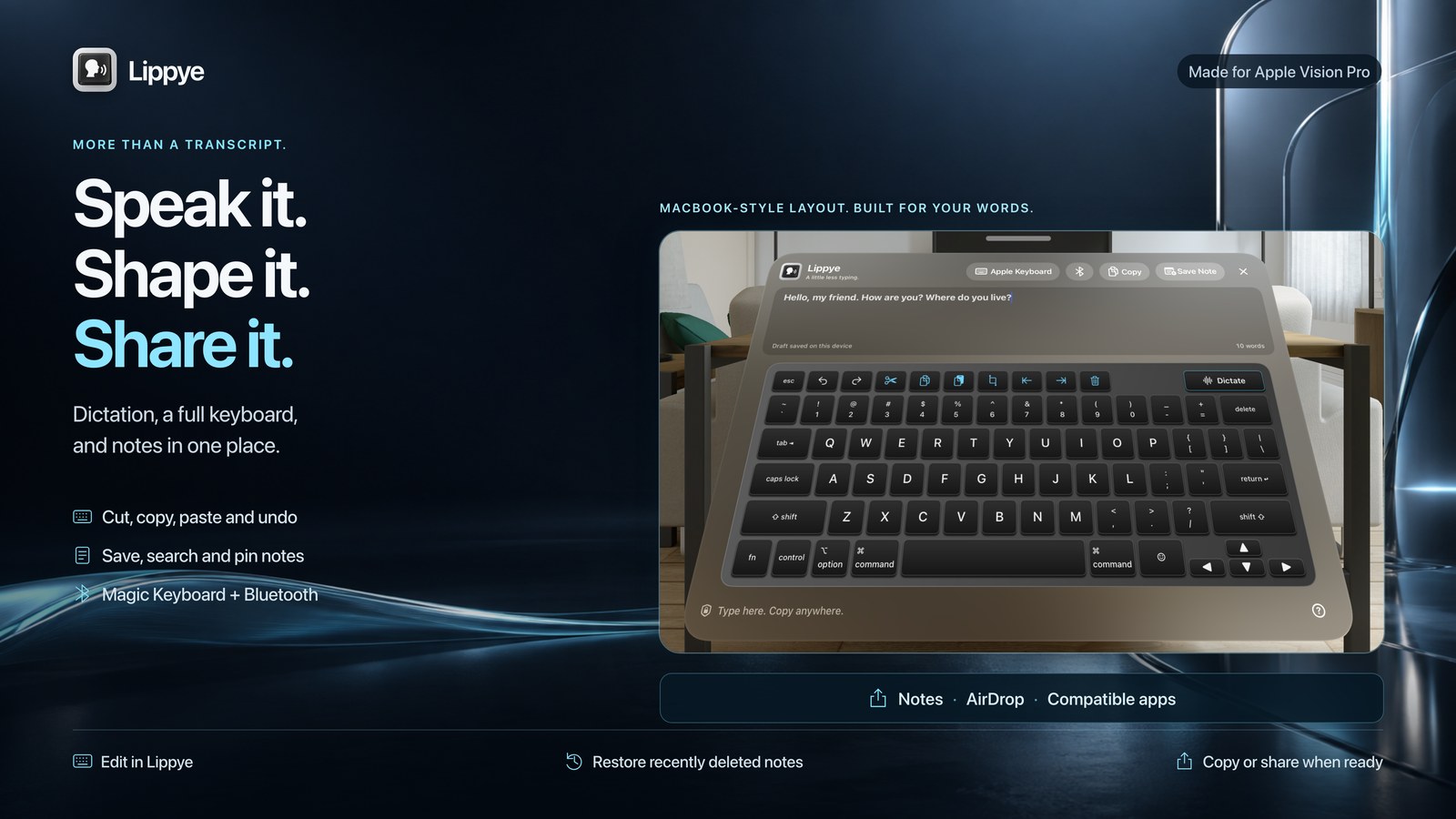 Lippye full keyboard, notes, and sharing features