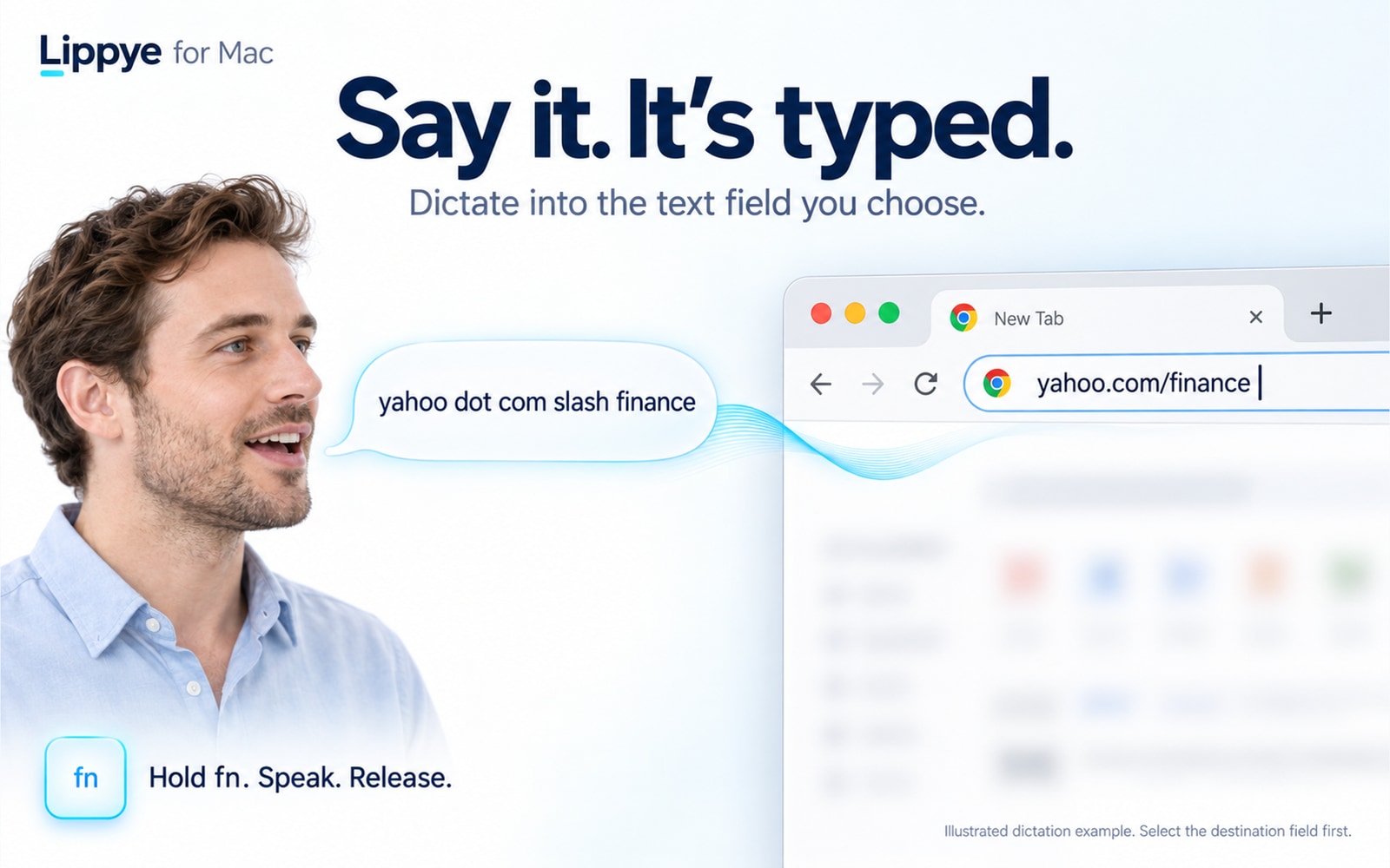 Say it. It’s typed. A speaker says yahoo dot com slash finance and Chrome’s address bar shows yahoo.com/finance.