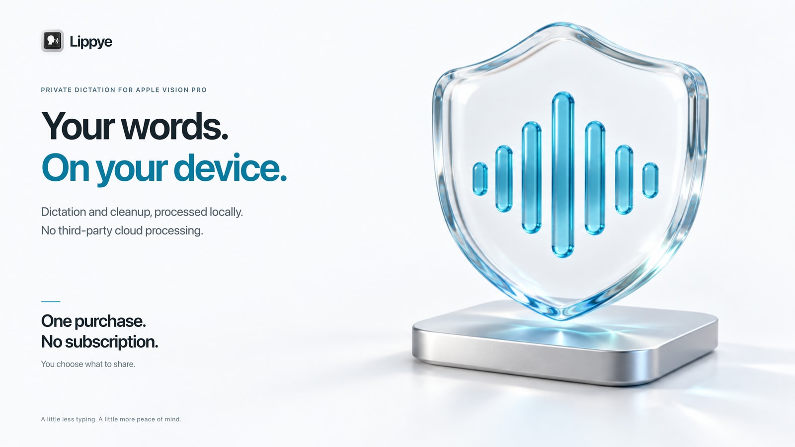 Lippye privacy shield: Your words. On your device. Dictation and cleanup processed locally, with no third-party cloud processing. One purchase. No subscription. You choose what to share.