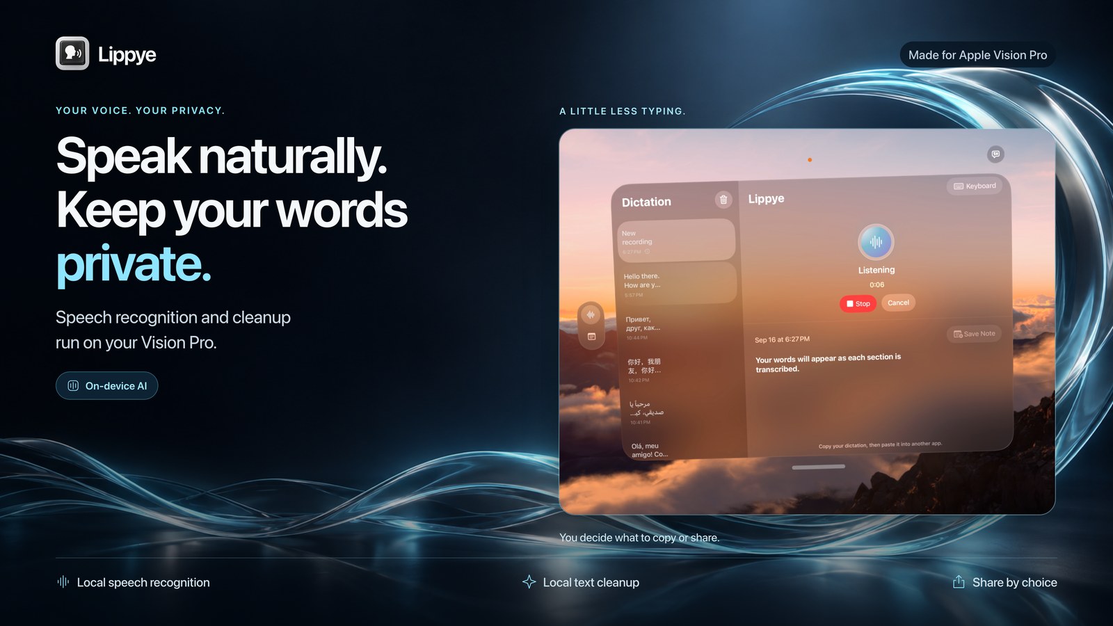 Lippye listening indicator and private on-device dictation on Apple Vision Pro